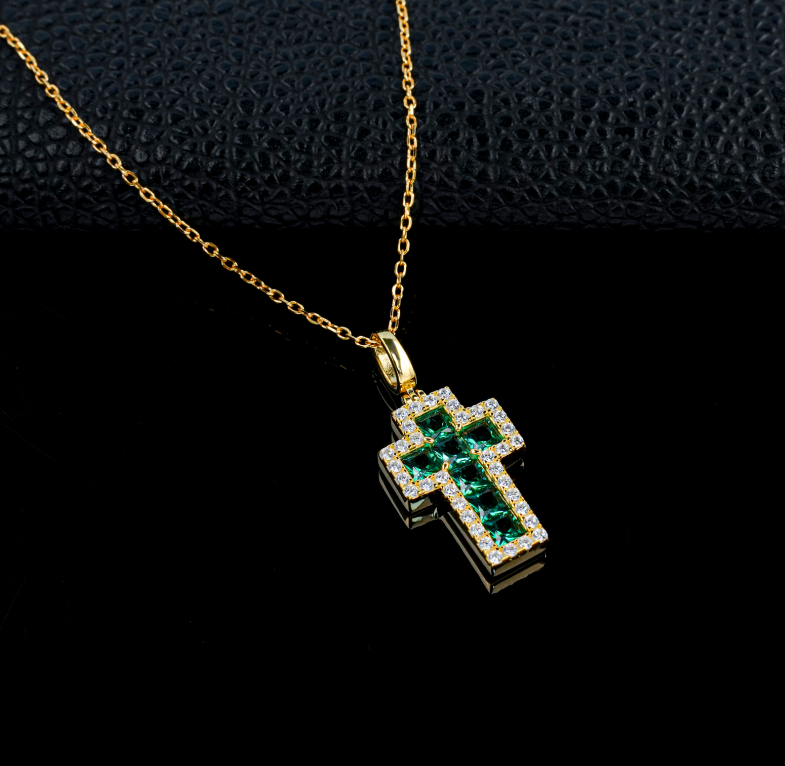 S925 Sterling Silver Lab Grown Emerald Princess Cut Halo Cross Pendant Necklace