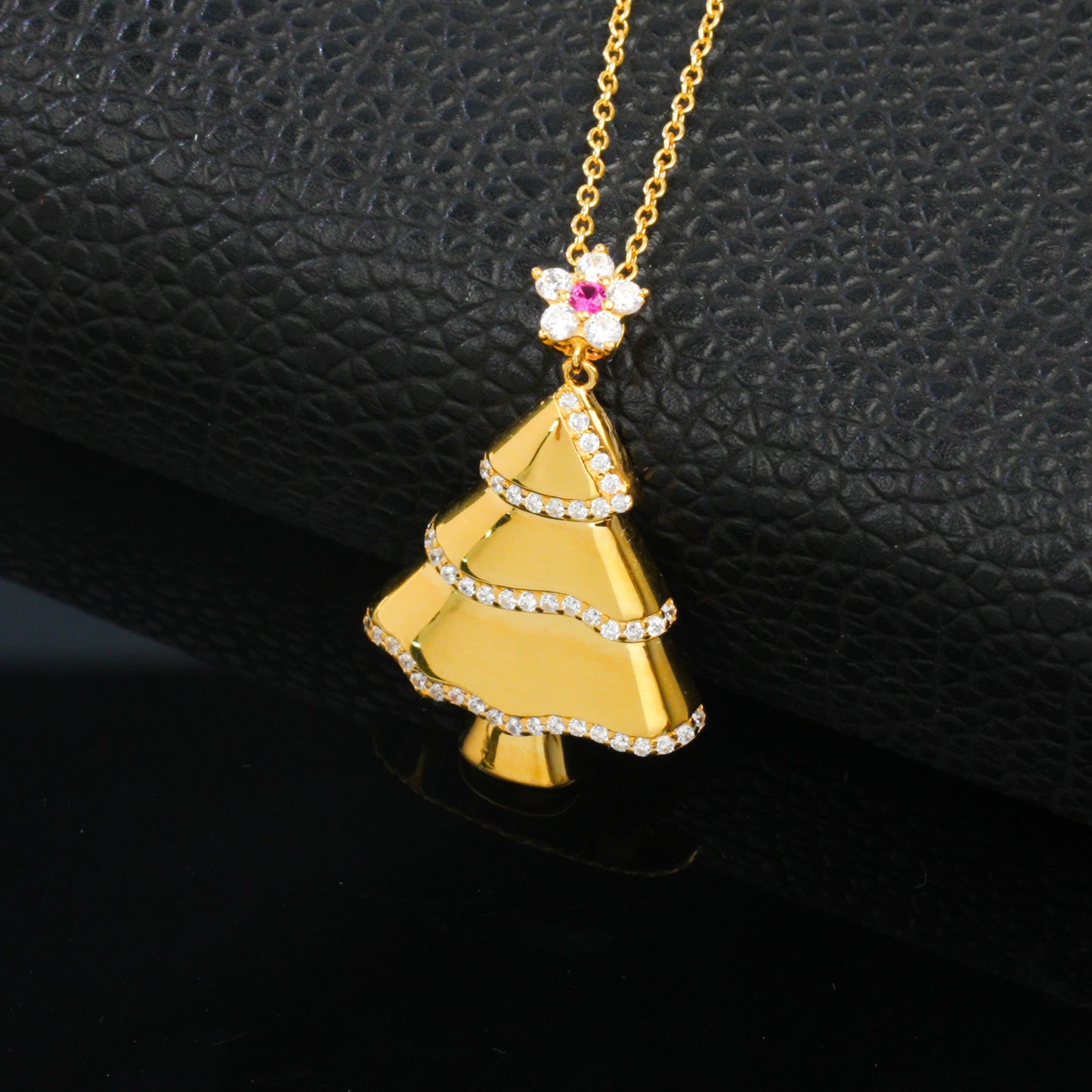 925 Sterling Silver Gold Tone Christmas Tree Pendant Necklace, CZ Paved Holiday Necklace with Ruby Red Accent