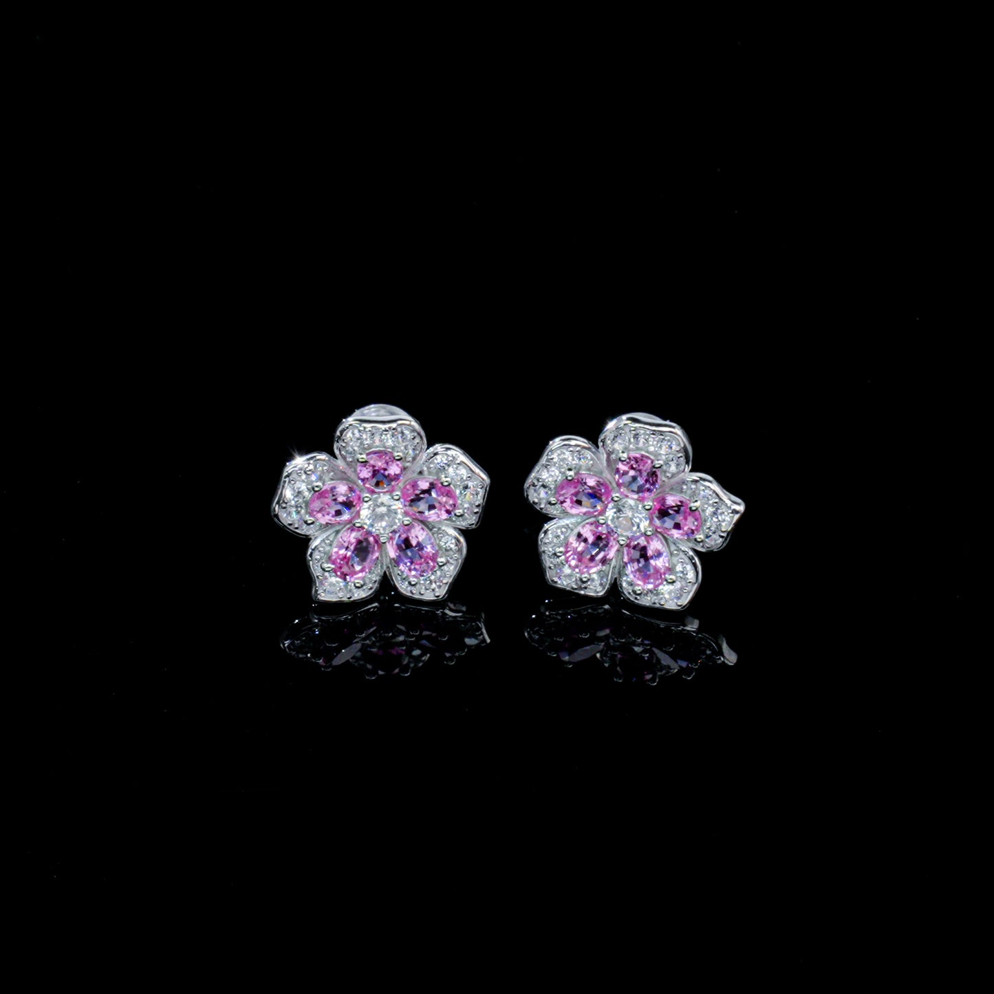 925 Sterling Silver Flower Stud Earrings, Oval Cut Lab Created Padparadscha Pink Sapphire Earrings with Pave CZ