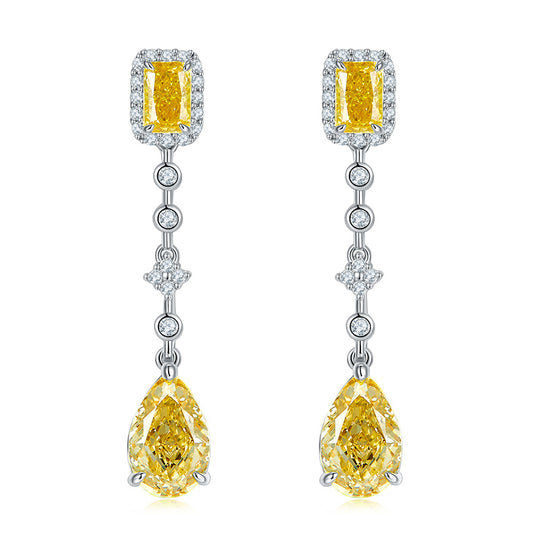 925 Sterling Silver Yellow Cubic Zirconia Drop Earrings | Emerald Cut & Pear Shape Dangle Earrings