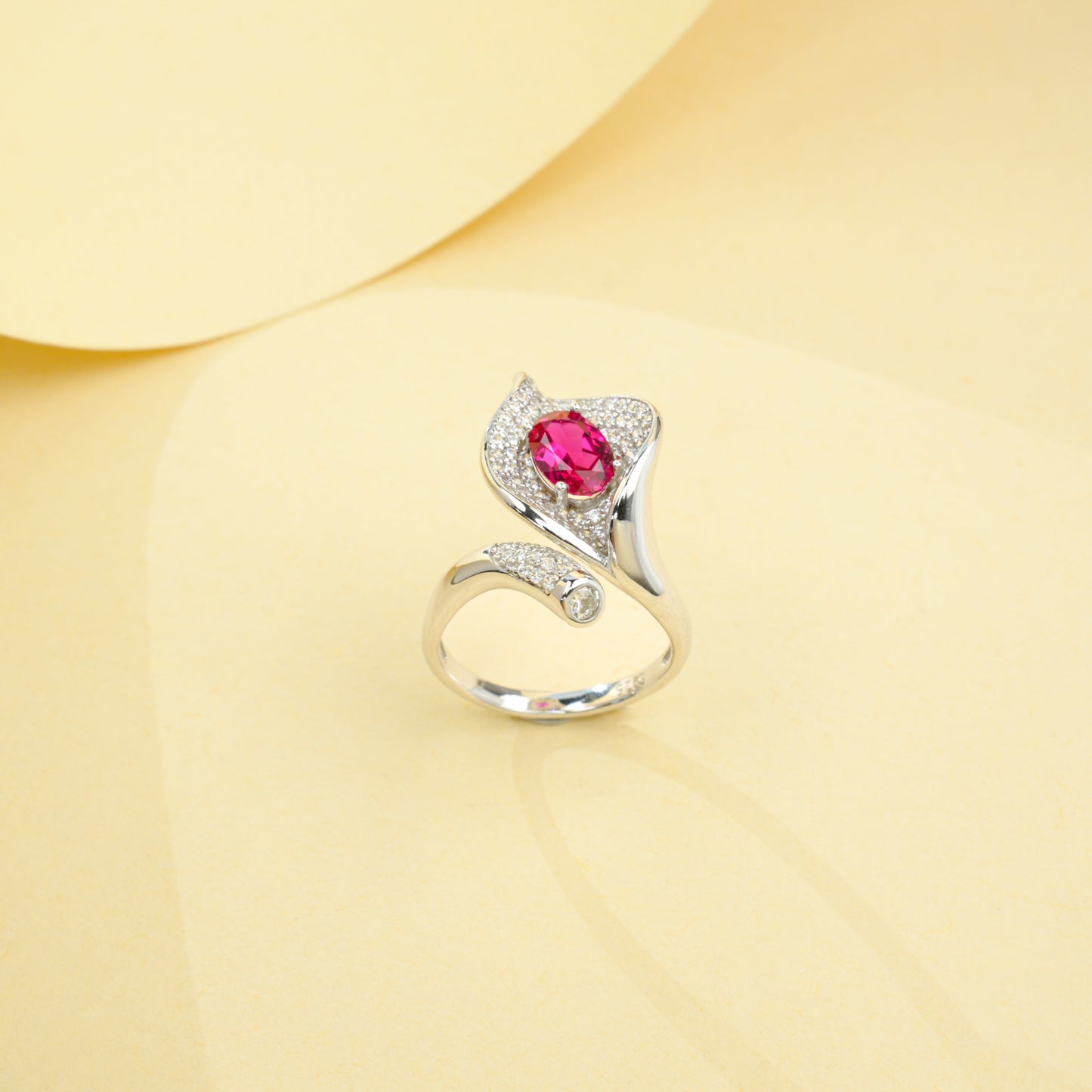 925 Sterling Silver Bypass Open Ring, 0.98ct Oval Lab Grown Ruby Adjustable Ring with Pave CZ