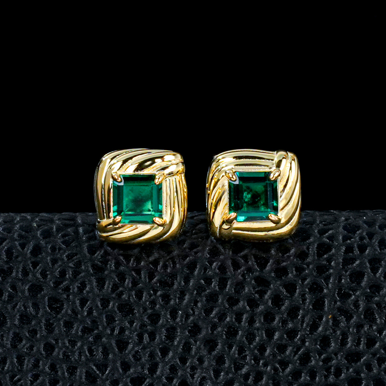 925 Sterling Silver Gold-Plated Square Twist Earrings | 5mm Princess Cut Lab-Grown Emerald Stud Earrings