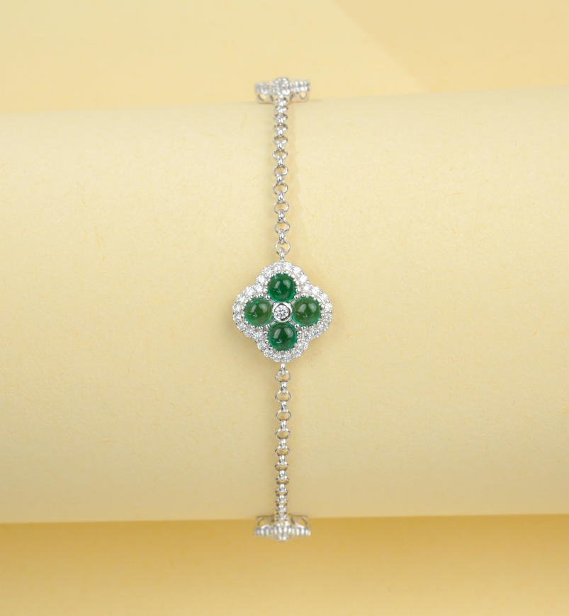 S925 Sterling Silver Emerald Clover Adjustable Bracelet