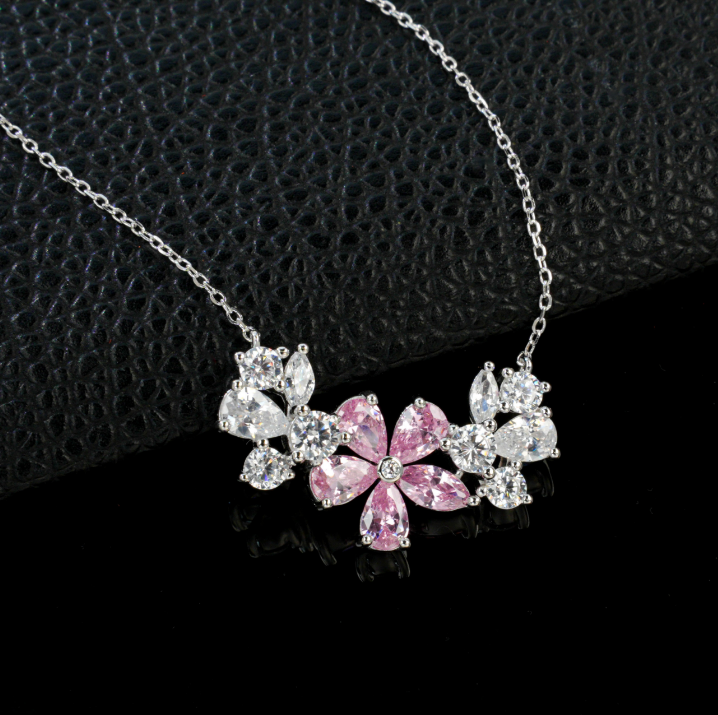 S925 Sterling Silver Pink Cubic Zirconia Flower Collar Necklace