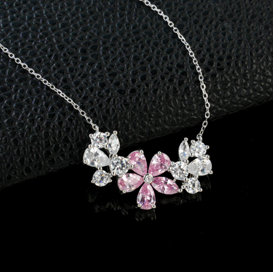 S925 Sterling Silver Pink Cubic Zirconia Flower Collar Necklace