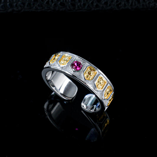 925 Sterling Silver Two-Tone Open Ring, Round Lab Grown Ruby Adjustable Band Ring with Carved Details