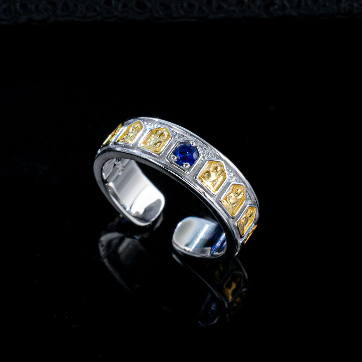 925 Sterling Silver Two-Tone Open Ring, Round Lab Grown Blue Sapphire Adjustable Band Ring with Carved Details