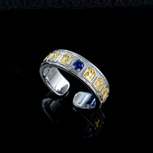 925 Sterling Silver Two-Tone Open Ring, Round Lab Grown Blue Sapphire Adjustable Band Ring with Carved Details