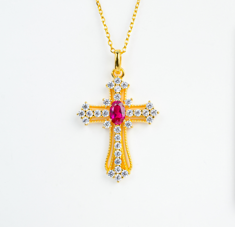 S925 Sterling Silver Lab Grown Ruby Vintage Cross Pendant Necklace