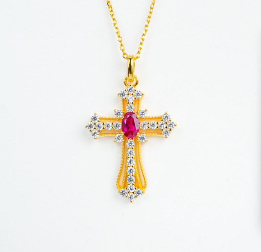 S925 Sterling Silver Lab Grown Ruby Vintage Cross Pendant Necklace