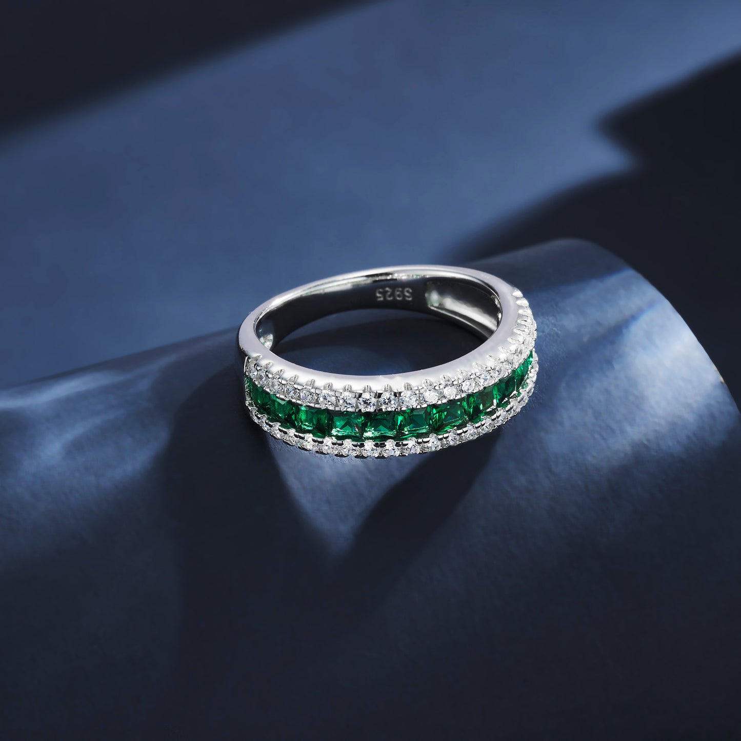 Lab Grown Emerald Half Eternity Band Ring, 925 Sterling Silver Princess Cut Channel Set Stackable Ring