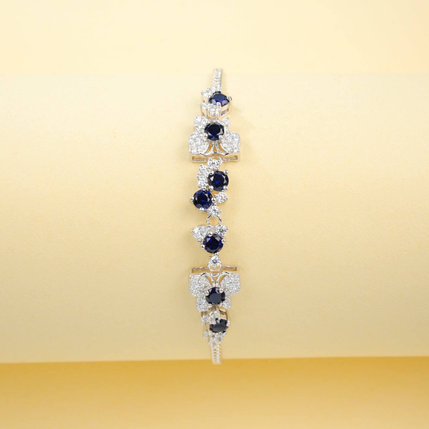 Lab Created Blue Sapphire Floral Cluster Bracelet, 925 Sterling Silver 1.49ct Green Gemstone Station Bracelet, 7 Stones