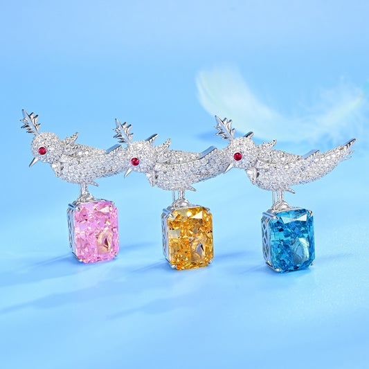 925 Sterling Silver Cubic Zirconia Bird Brooch, Radiant Cut Colored Stone Statement Lapel Pin