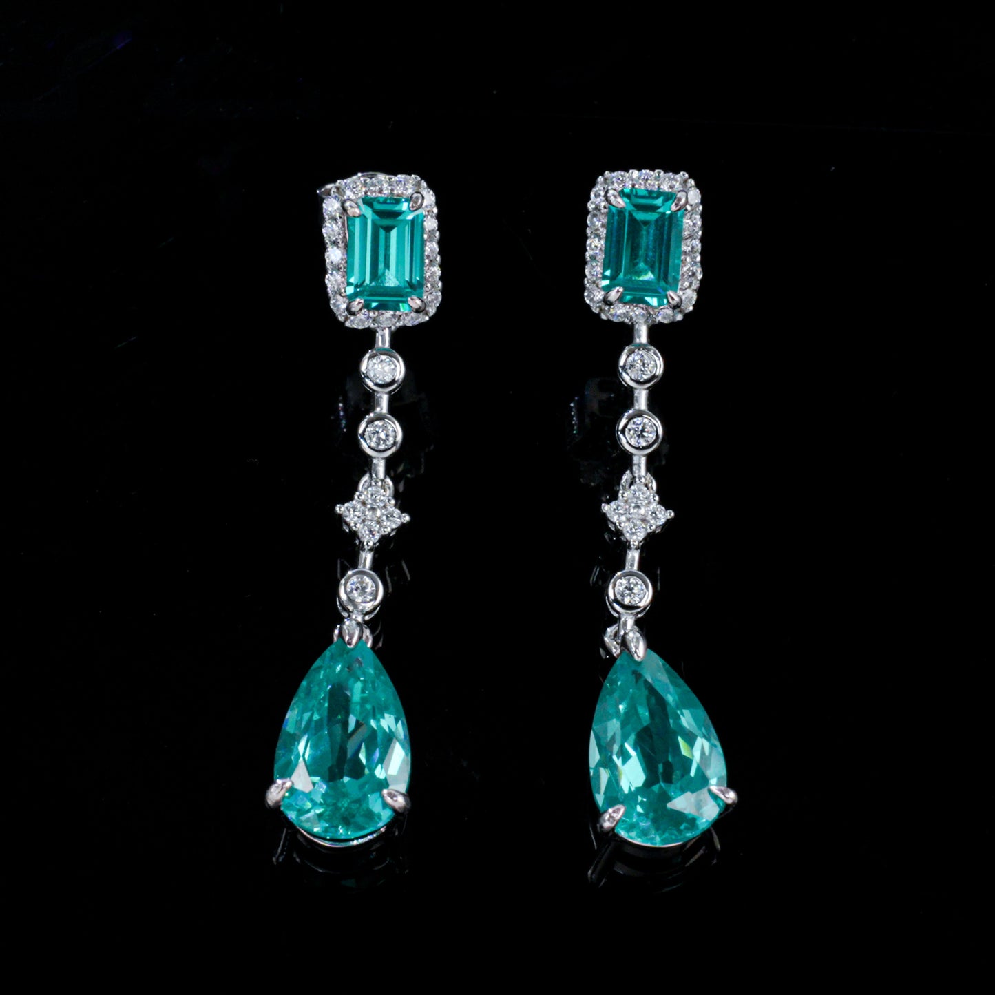 925 Sterling Silver Lab-Grown Paraiba-Color Green Garnet Drop Earrings | Emerald Cut & Pear Shape Dangle Earrings
