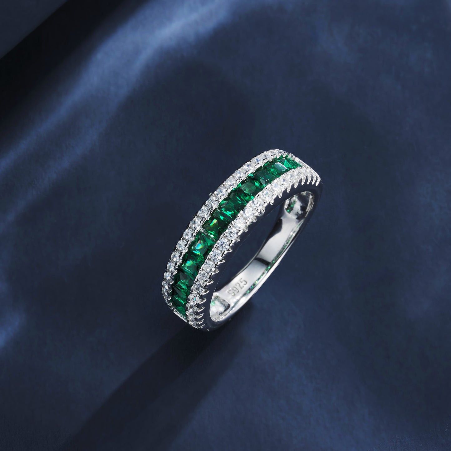 Lab Grown Emerald Half Eternity Band Ring, 925 Sterling Silver Princess Cut Channel Set Stackable Ring