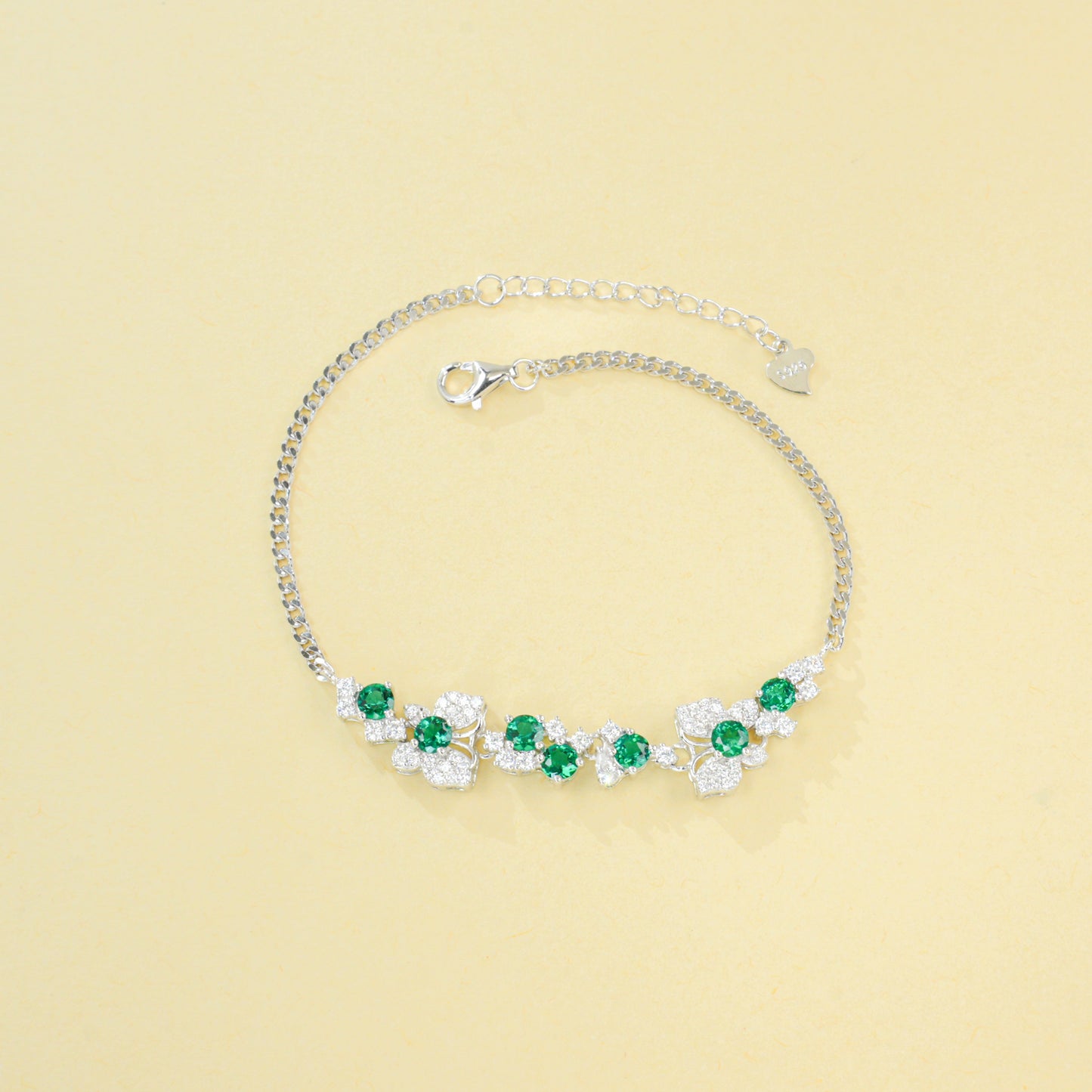 Lab Grown Emerald Floral Cluster Station Bracelet, 925 Sterling Silver 1.1ct Green Gemstone, 7 Stones