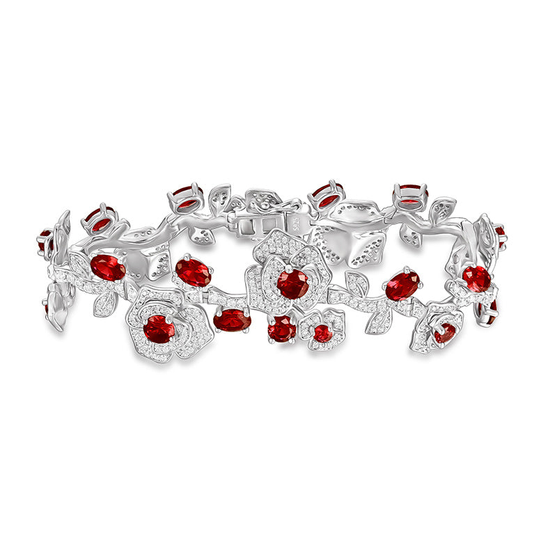 Lab Grown Ruby Rose Flower Bracelet, 925 Sterling Silver 9ct Red Gemstone Statement Bracelet, 4x6mm