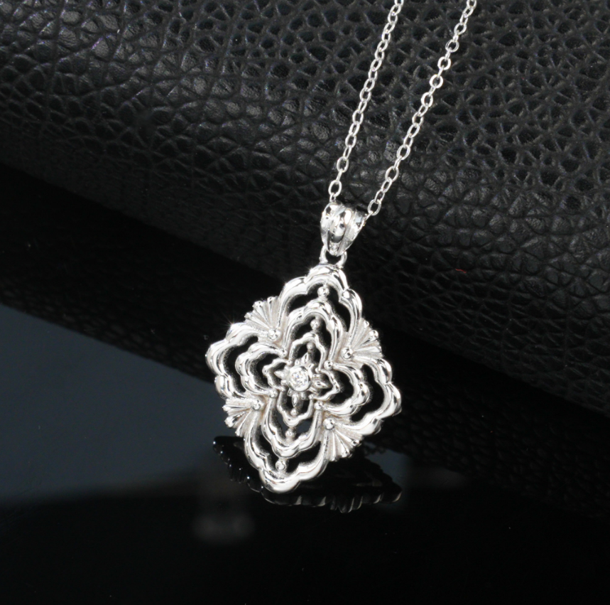 S925 Sterling Silver White Gold Plated Vintage Filigree Floral Openwork Pendant Necklace
