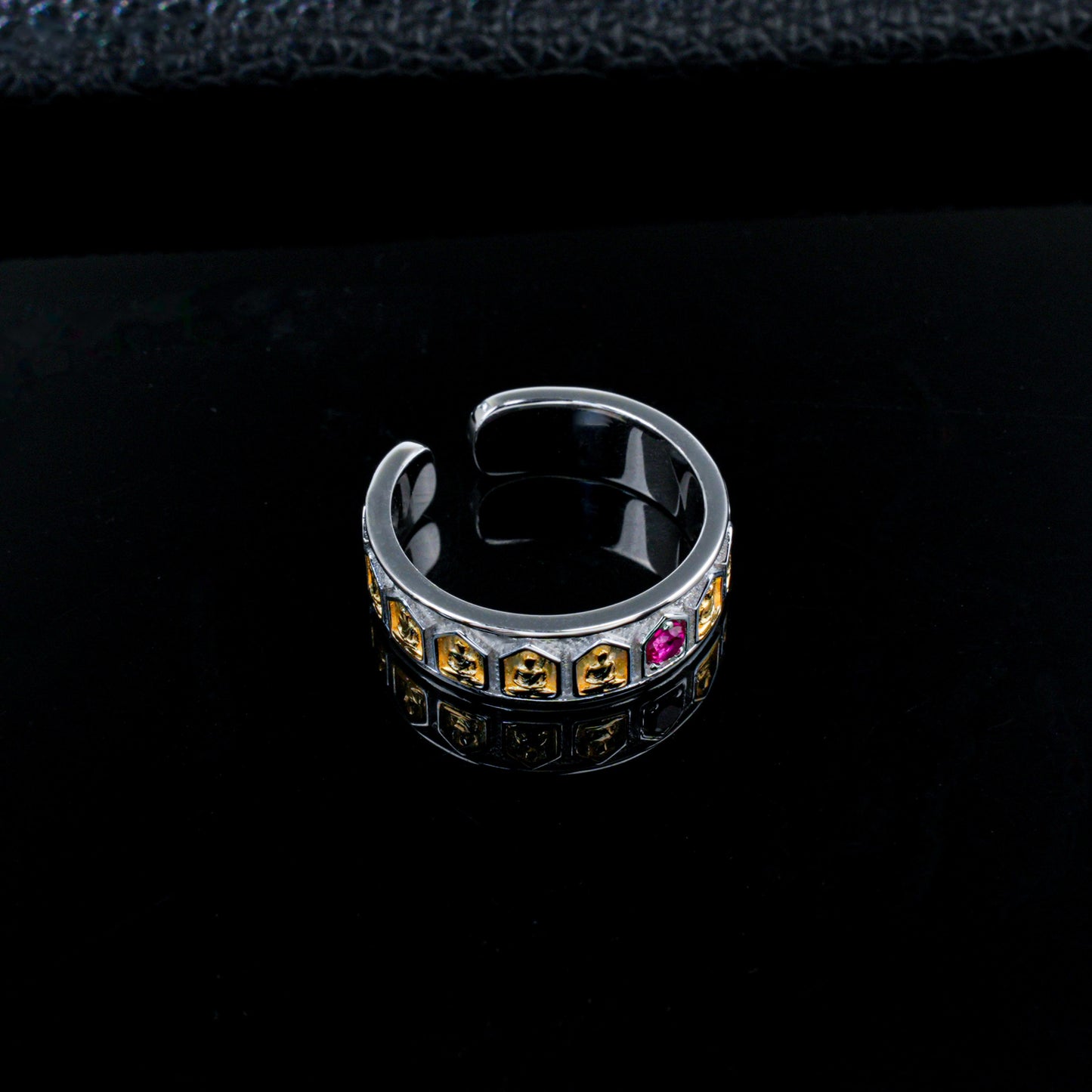 925 Sterling Silver Two-Tone Open Ring, Round Lab Grown Ruby Adjustable Band Ring with Carved Details