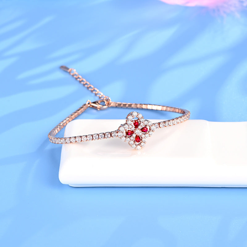 Lab Grown Ruby Four Leaf Clover Bracelet, 925 Sterling Silver Rose Gold Pave Box Chain for Women