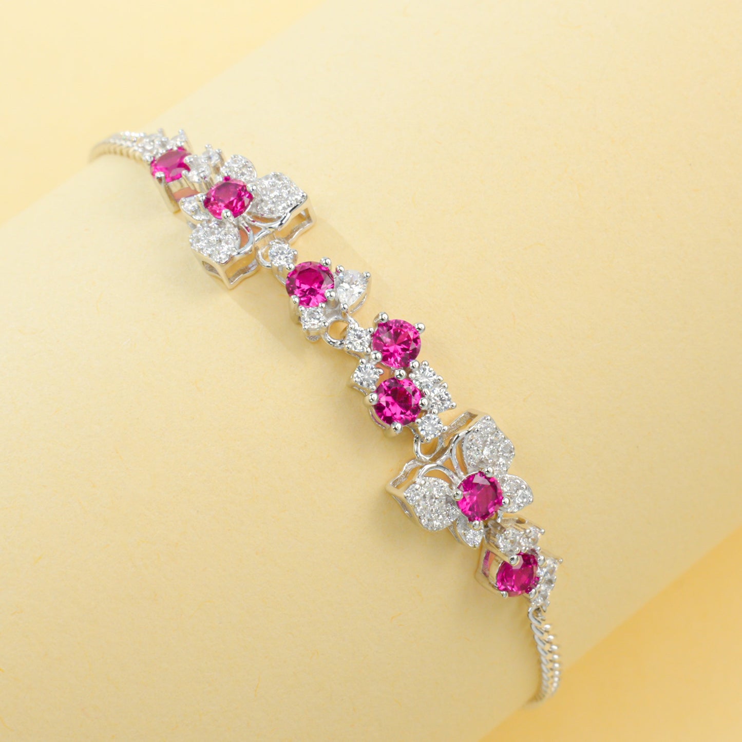 Lab Grown Ruby Floral Cluster Station Bracelet, 925 Sterling Silver 1.62ct Red Gemstone with CZ Accents, 7 Stones