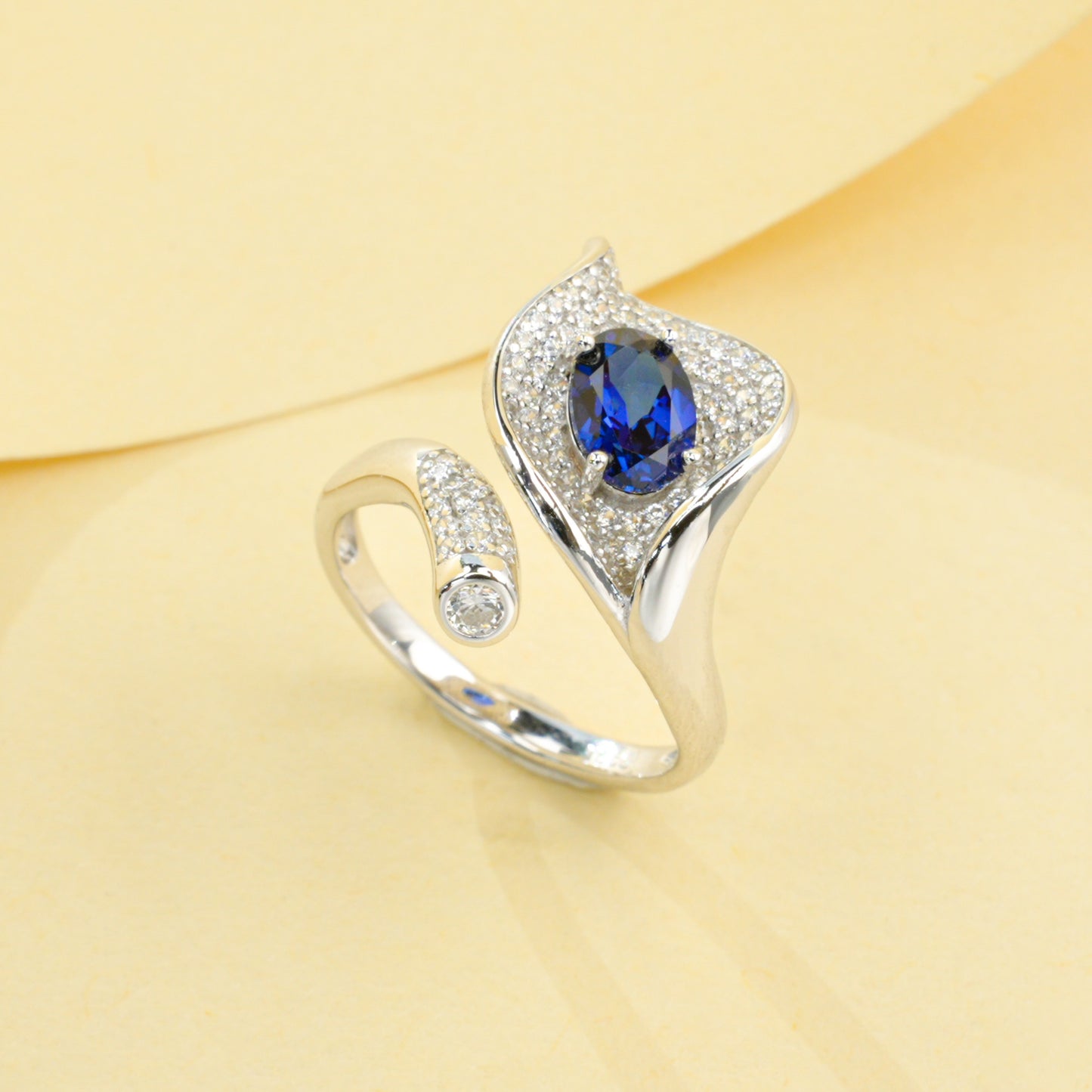 925 Sterling Silver Bypass Open Ring, 1.04ct Oval Lab Grown Blue Sapphire Adjustable Ring with Pave CZ