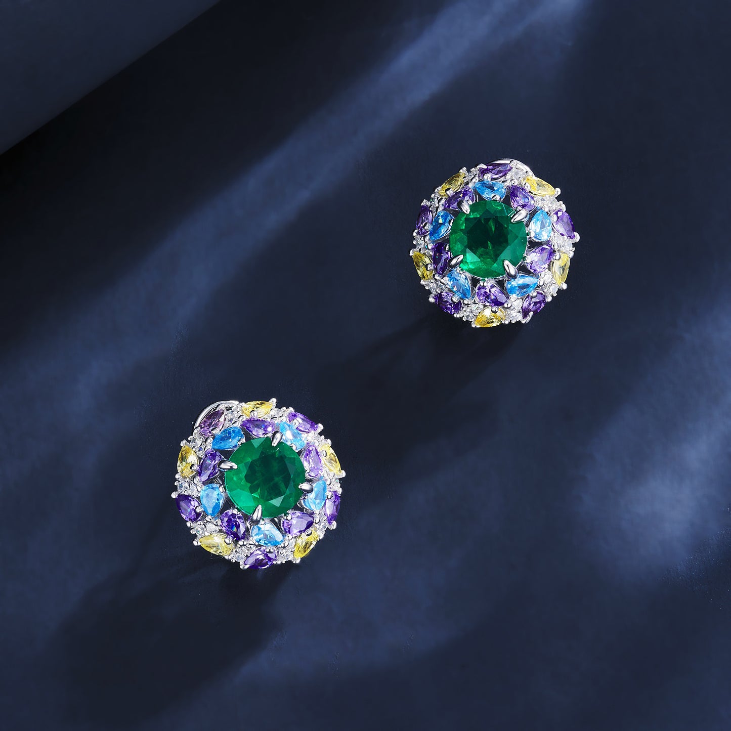 925 Sterling Silver Multi-Color Halo Stud Earrings, 2.19ct Round Lab Grown Emerald Earrings with Lab Created Gemstone Accents