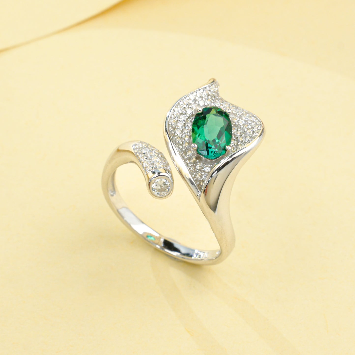 925 Sterling Silver Bypass Open Ring, 0.67ct Oval Lab Grown Emerald Adjustable Ring with Pave CZ
