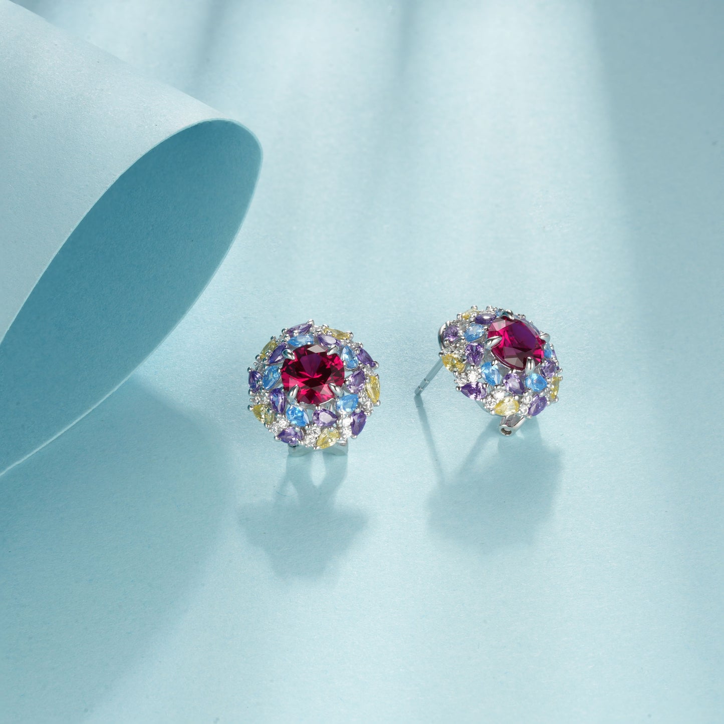 925 Sterling Silver Multi-Color Halo Stud Earrings, Round Lab Grown Ruby Earrings with Lab Created Gemstone Accents