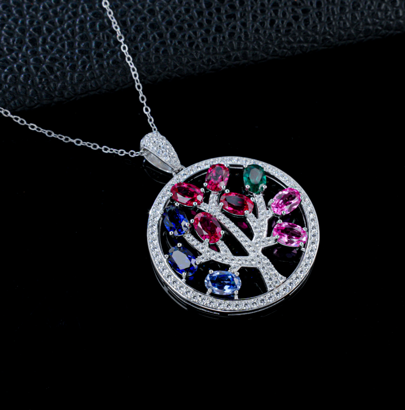 S925 Sterling Silver Multicolor Lab Grown Sapphire Tree of Life Round Pendant Necklace