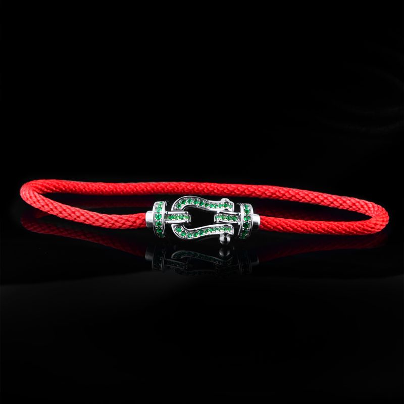 Lab Grown Emerald Red String Bracelet, 925 Sterling Silver Horsebit Buckle Lucky Rope Bracelet, 1ct