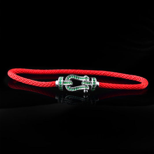 Lab Grown Emerald Red String Bracelet, 925 Sterling Silver Horsebit Buckle Lucky Rope Bracelet, 1ct