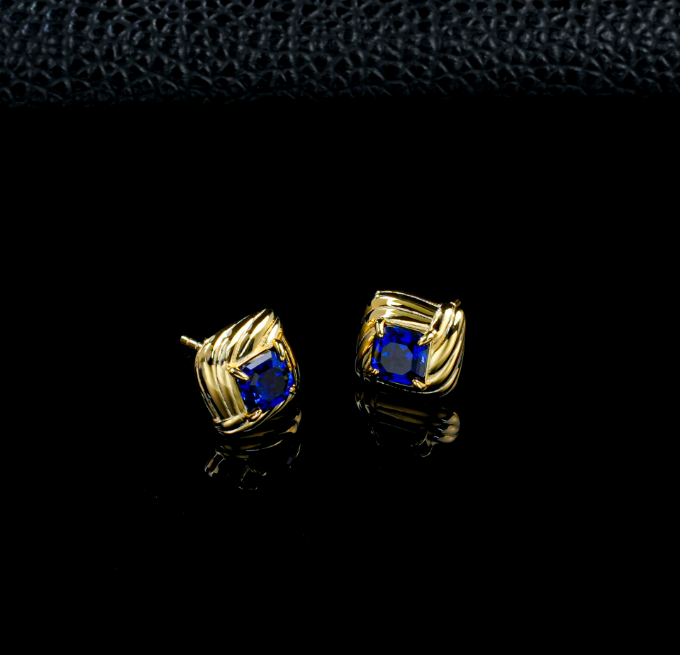 S925 Sterling Silver Lab Grown Blue Sapphire Twisted Square Stud Earrings