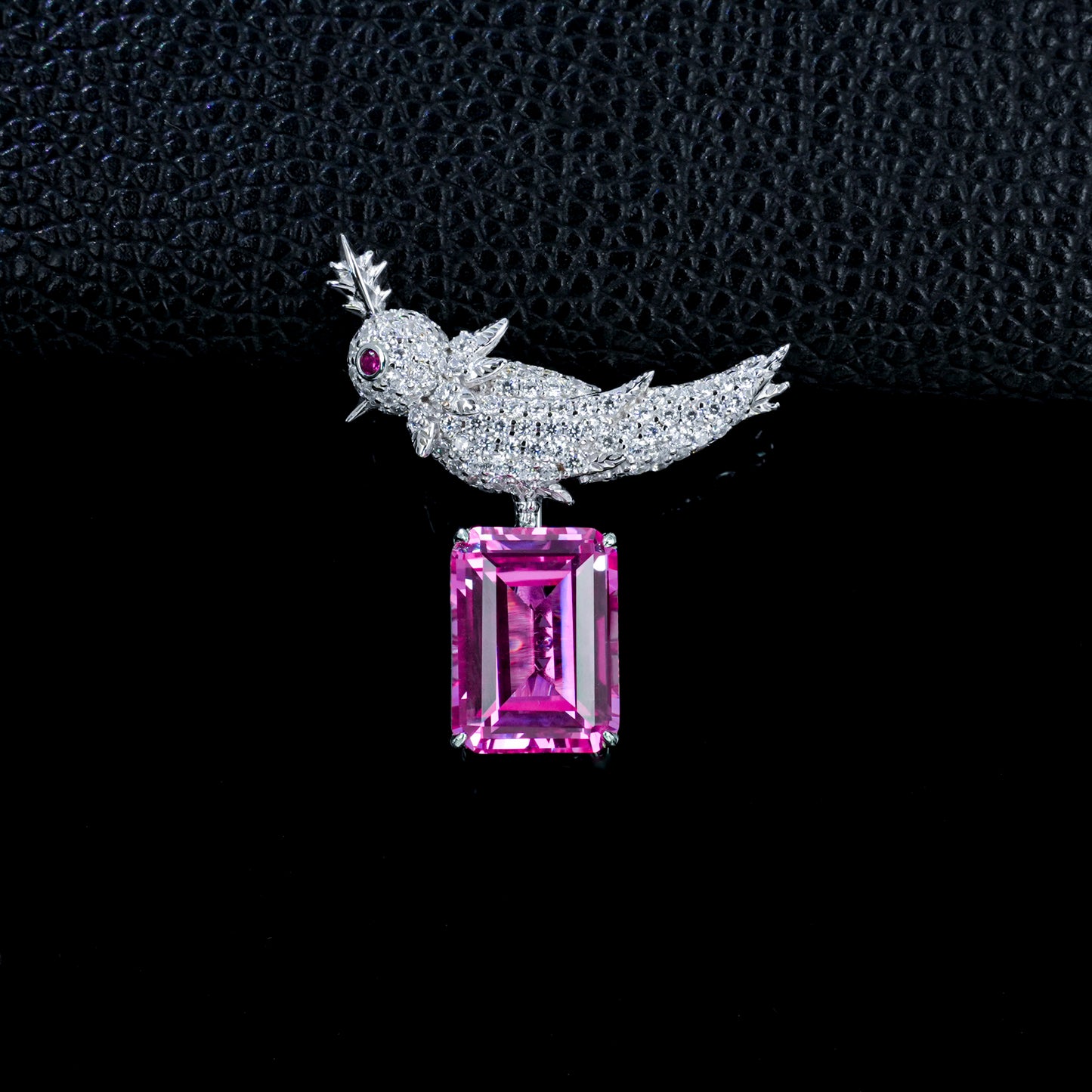 925 Sterling Silver Bird Brooch Pin, Emerald Cut Lab Created Padparadscha Pink Sapphire Brooch with Pave Zircon