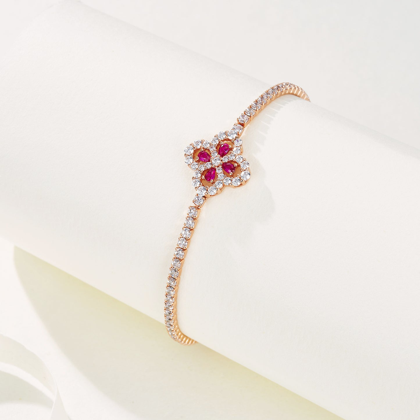 Lab Grown Ruby Four Leaf Clover Bracelet, 925 Sterling Silver Rose Gold Pave Box Chain for Women