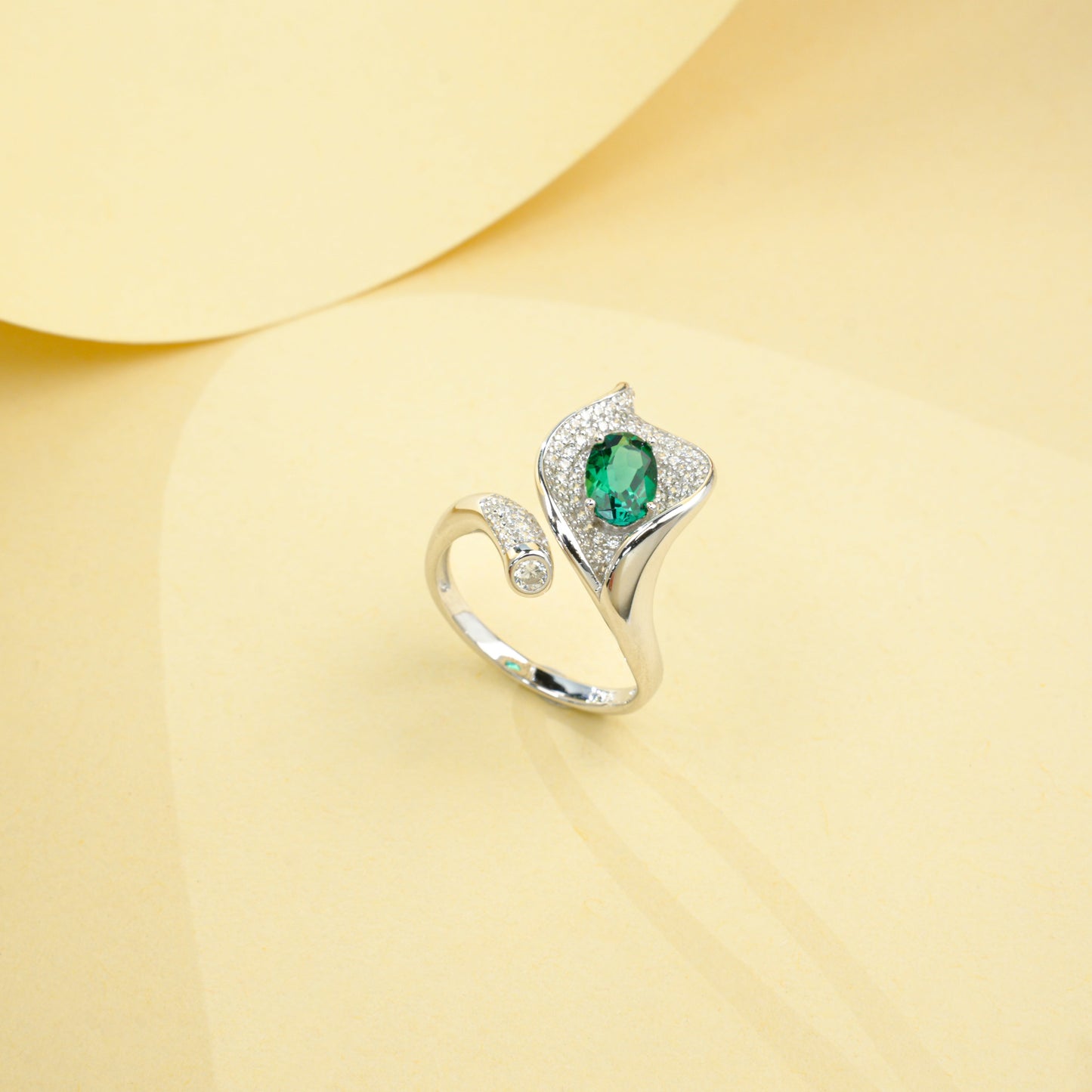 925 Sterling Silver Bypass Open Ring, 0.67ct Oval Lab Grown Emerald Adjustable Ring with Pave CZ