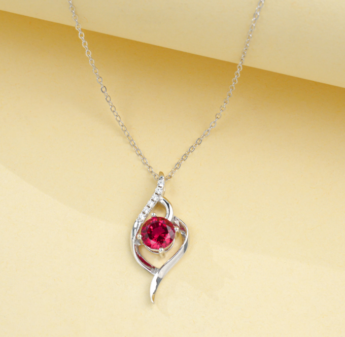 S925 Sterling Silver Lab Grown Ruby Leaf Pendant Necklace