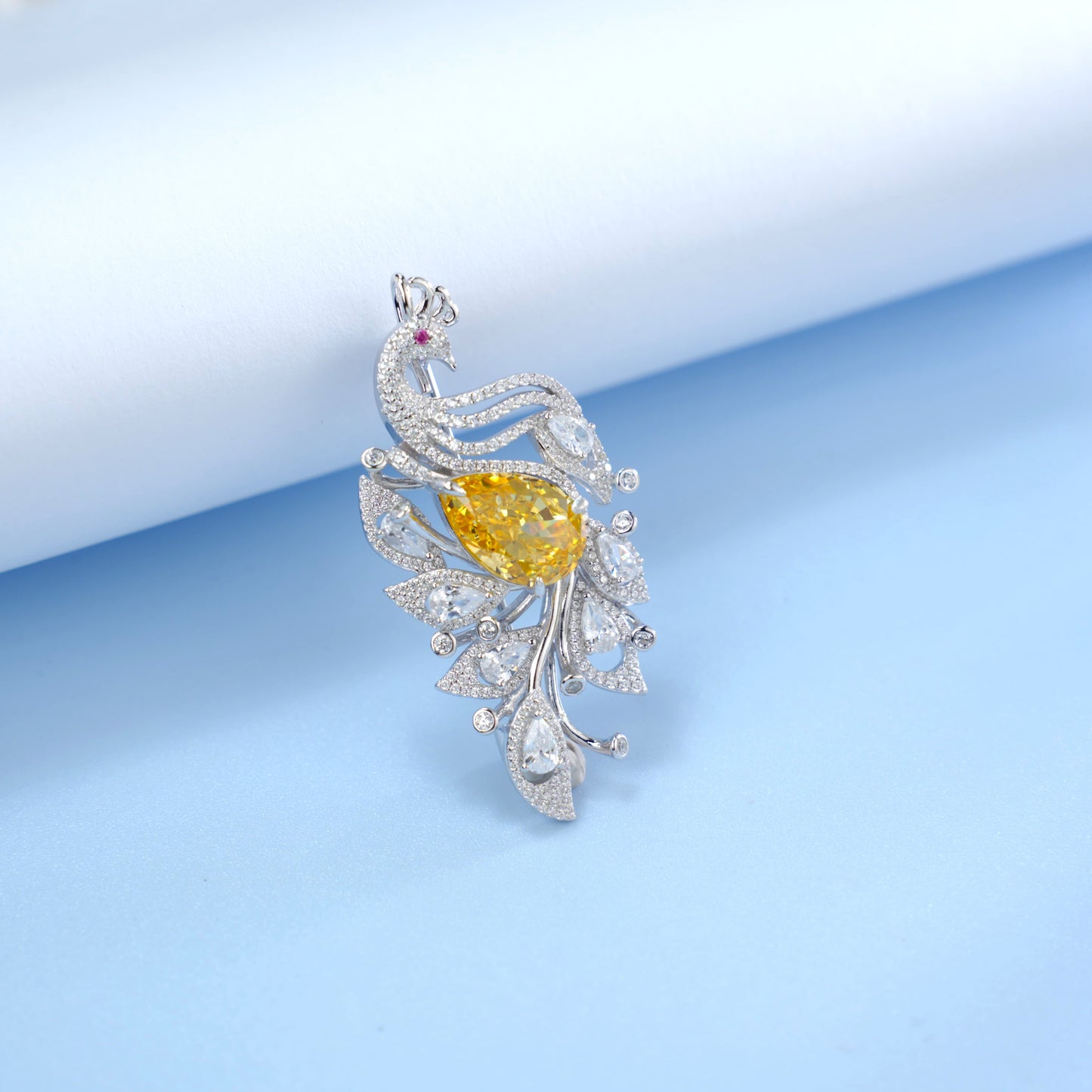Peacock Brooch Pin with Yellow Cubic Zirconia, 925 Sterling Silver CZ Statement Bird Brooch for Women