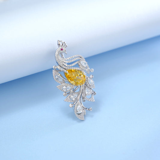 Peacock Brooch Pin with Yellow Cubic Zirconia, 925 Sterling Silver CZ Statement Bird Brooch for Women