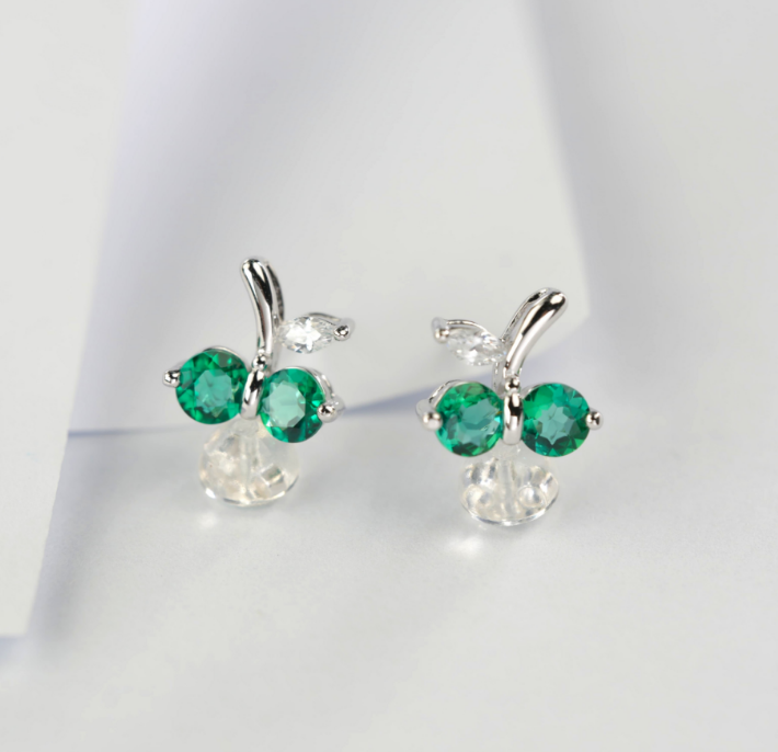 S925 Sterling Silver Emerald Cherry Stud Earrings, Silver Tone