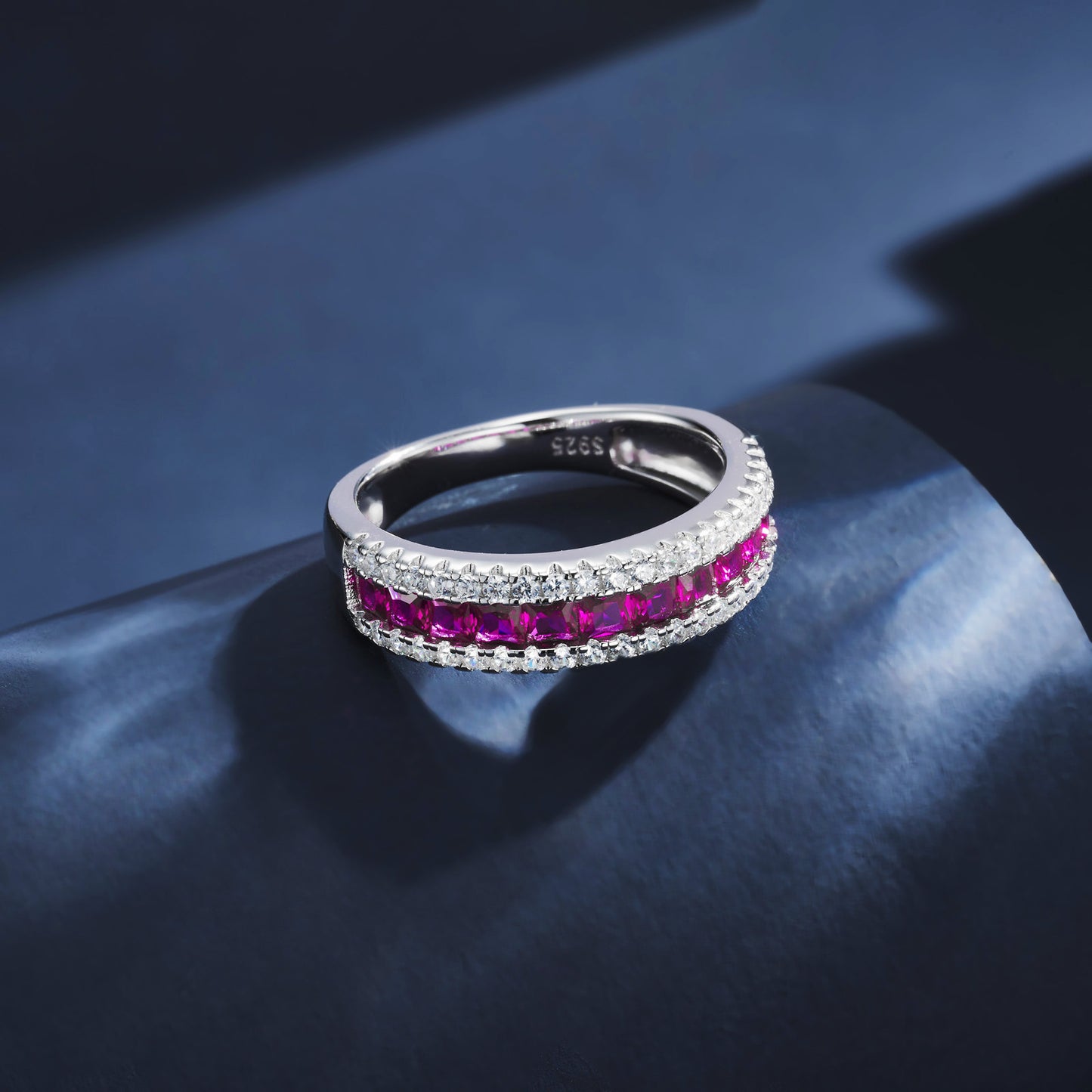 Lab Grown Ruby Half Eternity Band Ring, 925 Sterling Silver Princess Cut Channel Set Stackable Ring