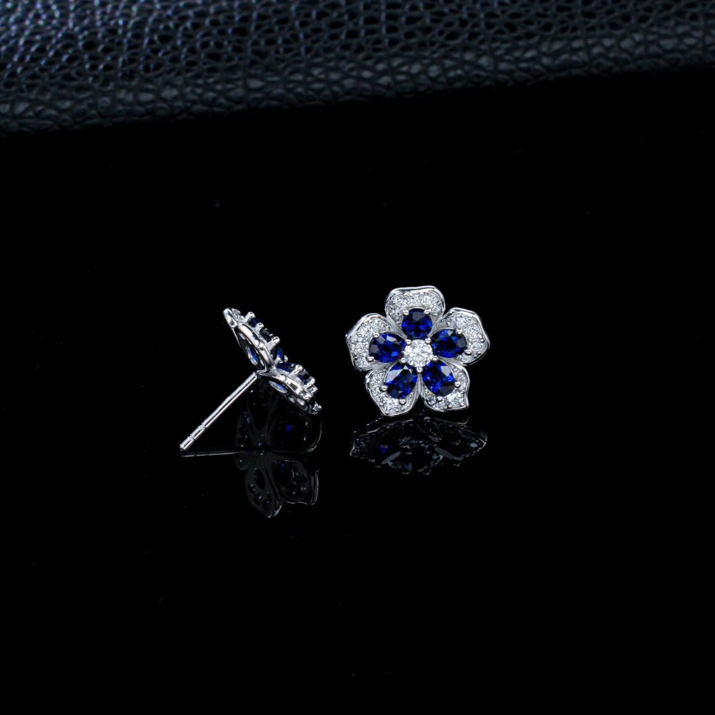 925 Sterling Silver Flower Stud Earrings, Oval Cut Lab Grown Blue Sapphire Earrings with Pave CZ