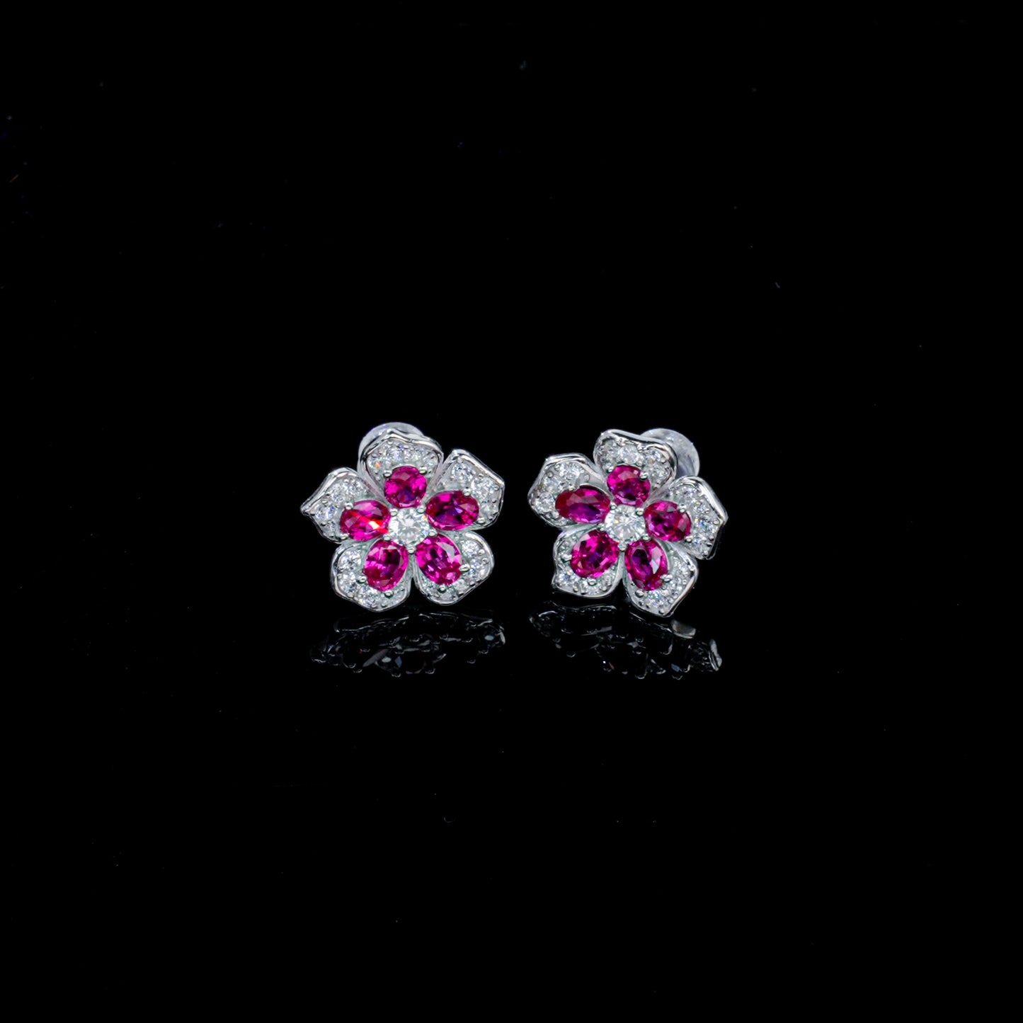 925 Sterling Silver Flower Stud Earrings, Oval Cut Lab Grown Ruby Earrings with Pave CZ