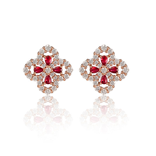 Lab Grown Ruby Four Leaf Clover Stud Earrings, 925 Sterling Silver Rose Gold Pave Earrings for Women