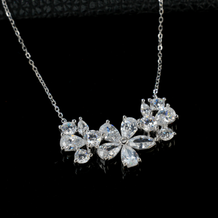 S925 Sterling Silver Clear Cubic Zirconia Flower Collar Necklace