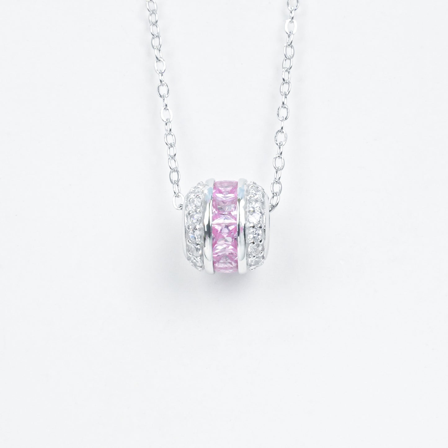 925 Sterling Silver Lab Grown Padparadscha Sapphire Barrel Pendant Necklace - Pave Cylinder Dainty Necklace