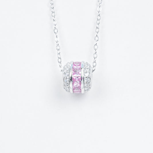 925 Sterling Silver Lab Grown Padparadscha Sapphire Barrel Pendant Necklace - Pave Cylinder Dainty Necklace