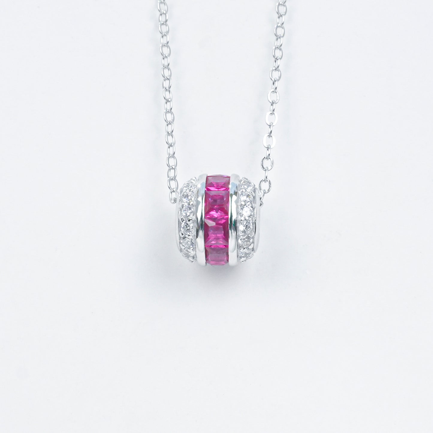 925 Sterling Silver Lab Grown Ruby Barrel Pendant Necklace - Pave Cylinder Dainty Necklace