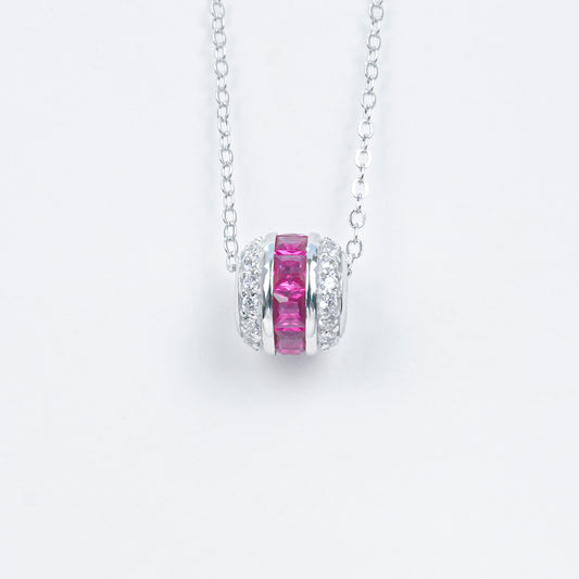925 Sterling Silver Lab Grown Ruby Barrel Pendant Necklace - Pave Cylinder Dainty Necklace