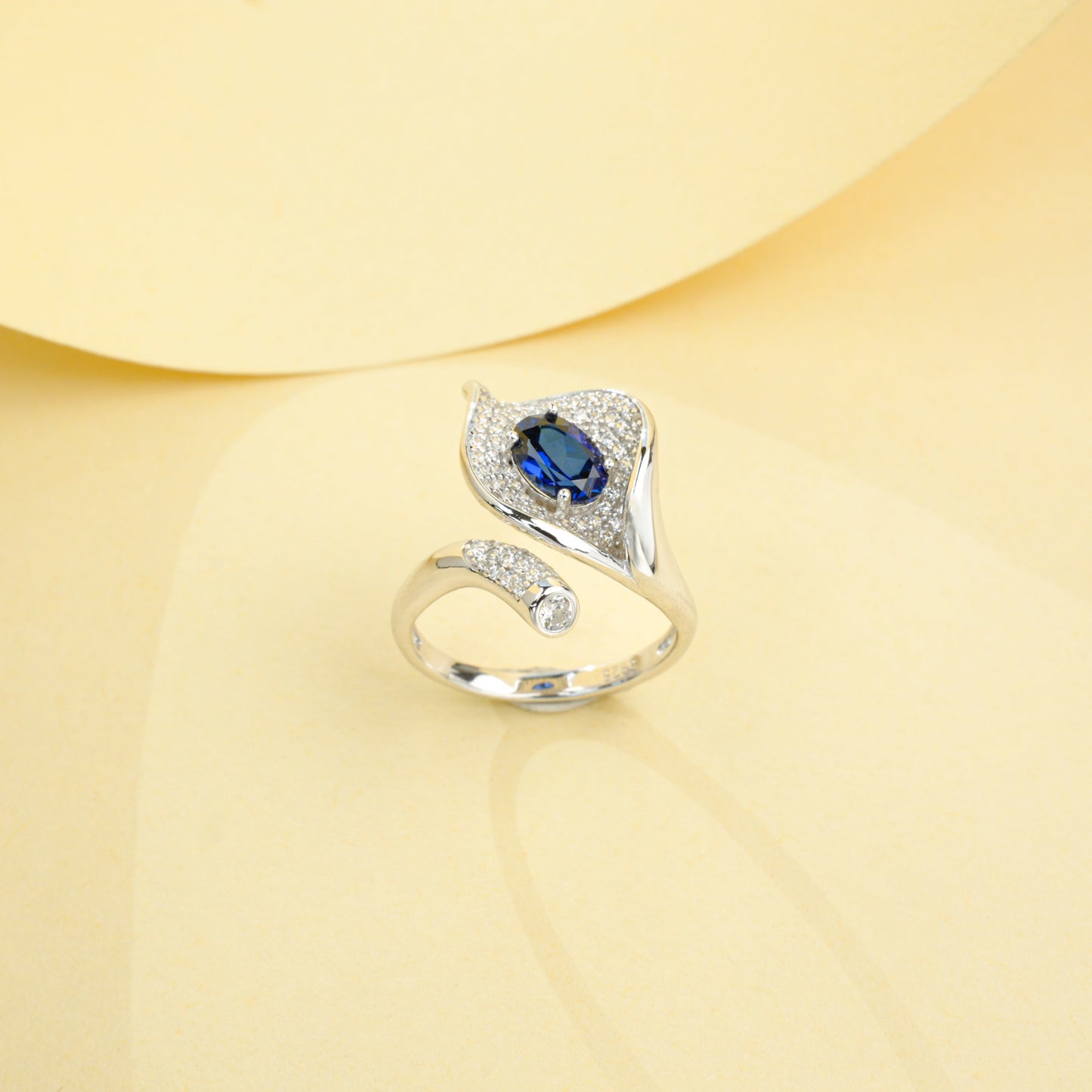 925 Sterling Silver Bypass Open Ring, 1.04ct Oval Lab Grown Blue Sapphire Adjustable Ring with Pave CZ